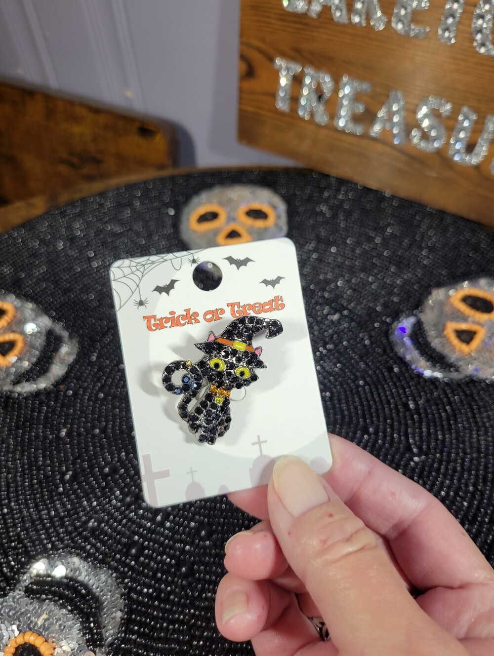 Trick or Treat Black Cat Halloween brooch -crystal pave